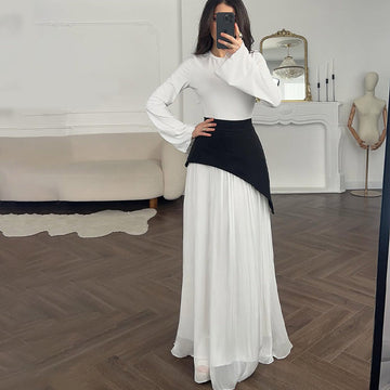 2025 New Solid Color Long-Sleeved Collar Splicing Body-Body-Suited And Hip Dress